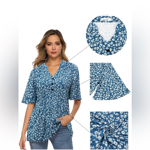 HOCOSIT Women's Floral Short Ruffle Sleeve Pleated V Neck Button Tunic Top 2X - Picture 3 of 14